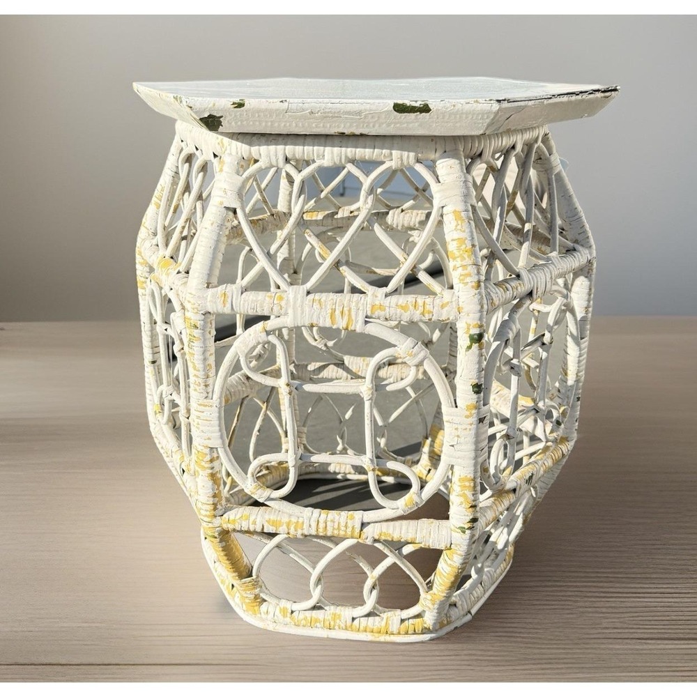 Vintage 1970's Boho Wicker Rattan Side Table Hex Chinoiserie Plant Stand, 18"